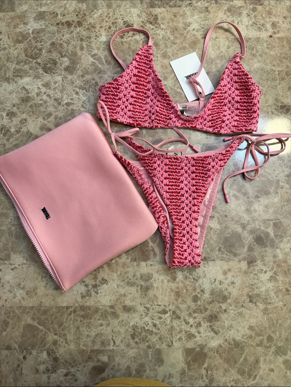 triangl swimwear Pink Crochet Triangle Bikini Set